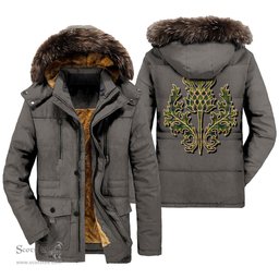 ScotsTee Shop Scottish Reid Green Clan Scottish Thistle Tartan Faux Fur Hooded Parka Jacket