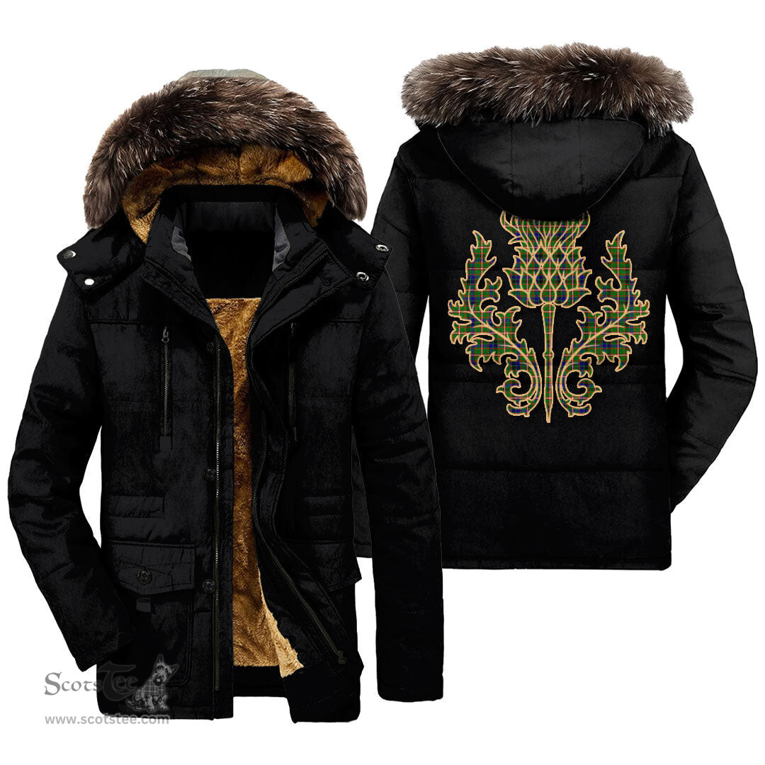 ScotsTee Shop Scottish Reid Green Clan Scottish Thistle Tartan Faux Fur Hooded Parka Jacket