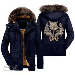 ScotsTee Shop Scottish Scott Black White Modern Clan Scottish Thistle Tartan Faux Fur Hooded Parka Jacket