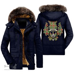 ScotsTee Shop Scottish Muirhead Clan Crest Scottish Thistle Tartan Faux Fur Hooded Parka Jacket