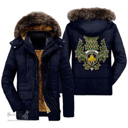 ScotsTee Shop Scottish Pringle Clan Crest Scottish Thistle Tartan Faux Fur Hooded Parka Jacket