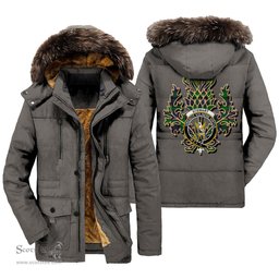 ScotsTee Shop Scottish Stewart Old Modern Clan Crest Scottish Thistle Tartan Faux Fur Hooded Parka Jacket
