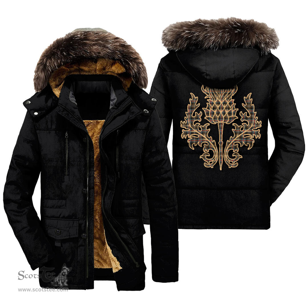 ScotsTee Shop Scottish Sutherland Weathered Clan Scottish Thistle Tartan Faux Fur Hooded Parka Jacket