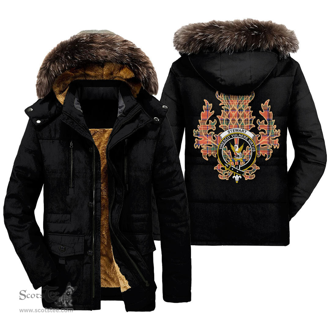 ScotsTee Shop Scottish Stewart Royal Ancient Clan Crest Scottish Thistle Tartan Faux Fur Hooded Parka Jacket