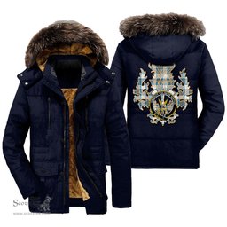 ScotsTee Shop Scottish Stewart Muted Blue Clan Crest Scottish Thistle Tartan Faux Fur Hooded Parka Jacket
