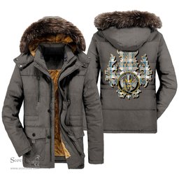 ScotsTee Shop Scottish Stewart Muted Blue Clan Crest Scottish Thistle Tartan Faux Fur Hooded Parka Jacket