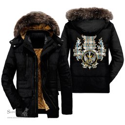 ScotsTee Shop Scottish Stewart Muted Blue Clan Crest Scottish Thistle Tartan Faux Fur Hooded Parka Jacket