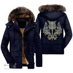 ScotsTee Shop Scottish Sutherland Old Ancient Clan Scottish Thistle Tartan Faux Fur Hooded Parka Jacket