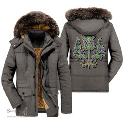 ScotsTee Shop Scottish Sutherland Old Ancient Clan Scottish Thistle Tartan Faux Fur Hooded Parka Jacket