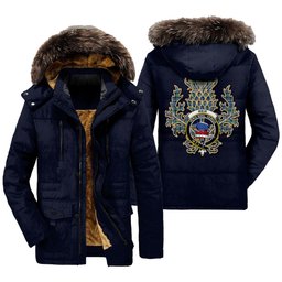 ScotsTee Shop Scottish Weir Ancient Clan Crest Scottish Thistle Tartan Faux Fur Hooded Parka Jacket