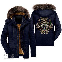 ScotsTee Shop Scottish Morrison Modern Clan Crest Scottish Thistle Tartan Faux Fur Hooded Parka Jacket