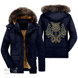 ScotsTee Shop Scottish Robertson Hunting Modern Clan Scottish Thistle Tartan Faux Fur Hooded Parka Jacket