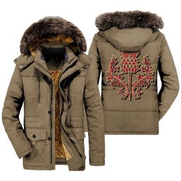 ScotsTee Shop Scottish Shaw Red Modern Clan Scottish Thistle Tartan Faux Fur Hooded Parka Jacket