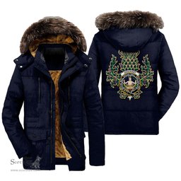 ScotsTee Shop Scottish Urquhart Broad Red Ancient Clan Crest Scottish Thistle Tartan Faux Fur Hooded Parka Jacket