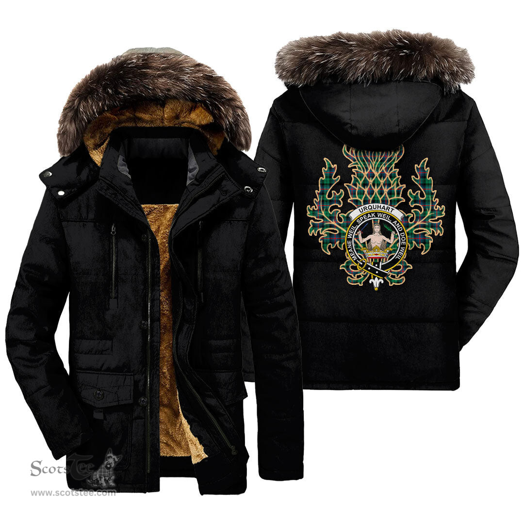 ScotsTee Shop Scottish Urquhart Broad Red Ancient Clan Crest Scottish Thistle Tartan Faux Fur Hooded Parka Jacket