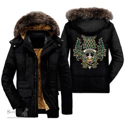ScotsTee Shop Scottish Urquhart Broad Red Ancient Clan Crest Scottish Thistle Tartan Faux Fur Hooded Parka Jacket