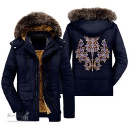 ScotsTee Shop Scottish Rutherford Clan Scottish Thistle Tartan Faux Fur Hooded Parka Jacket