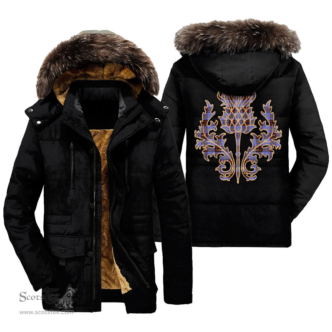 ScotsTee Shop Scottish Rutherford Clan Scottish Thistle Tartan Faux Fur Hooded Parka Jacket