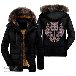 ScotsTee Shop Scottish Rutherford Clan Scottish Thistle Tartan Faux Fur Hooded Parka Jacket