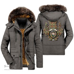 ScotsTee Shop Scottish Shaw Green Modern Clan Crest Scottish Thistle Tartan Faux Fur Hooded Parka Jacket