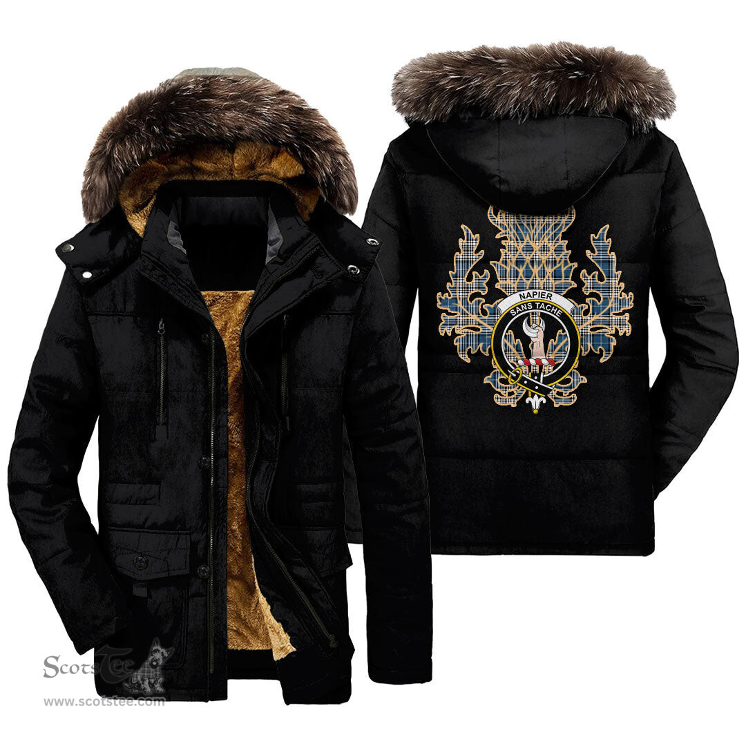 ScotsTee Shop Scottish Napier Modern Clan Crest Scottish Thistle Tartan Faux Fur Hooded Parka Jacket