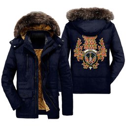 ScotsTee Shop Scottish Ross Ancient Clan Crest Scottish Thistle Tartan Faux Fur Hooded Parka Jacket