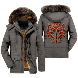 ScotsTee Shop Scottish Wallace Weathered Clan Scottish Thistle Tartan Faux Fur Hooded Parka Jacket