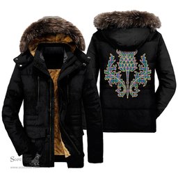 ScotsTee Shop Scottish Pitcairn Hunting Clan Scottish Thistle Tartan Faux Fur Hooded Parka Jacket