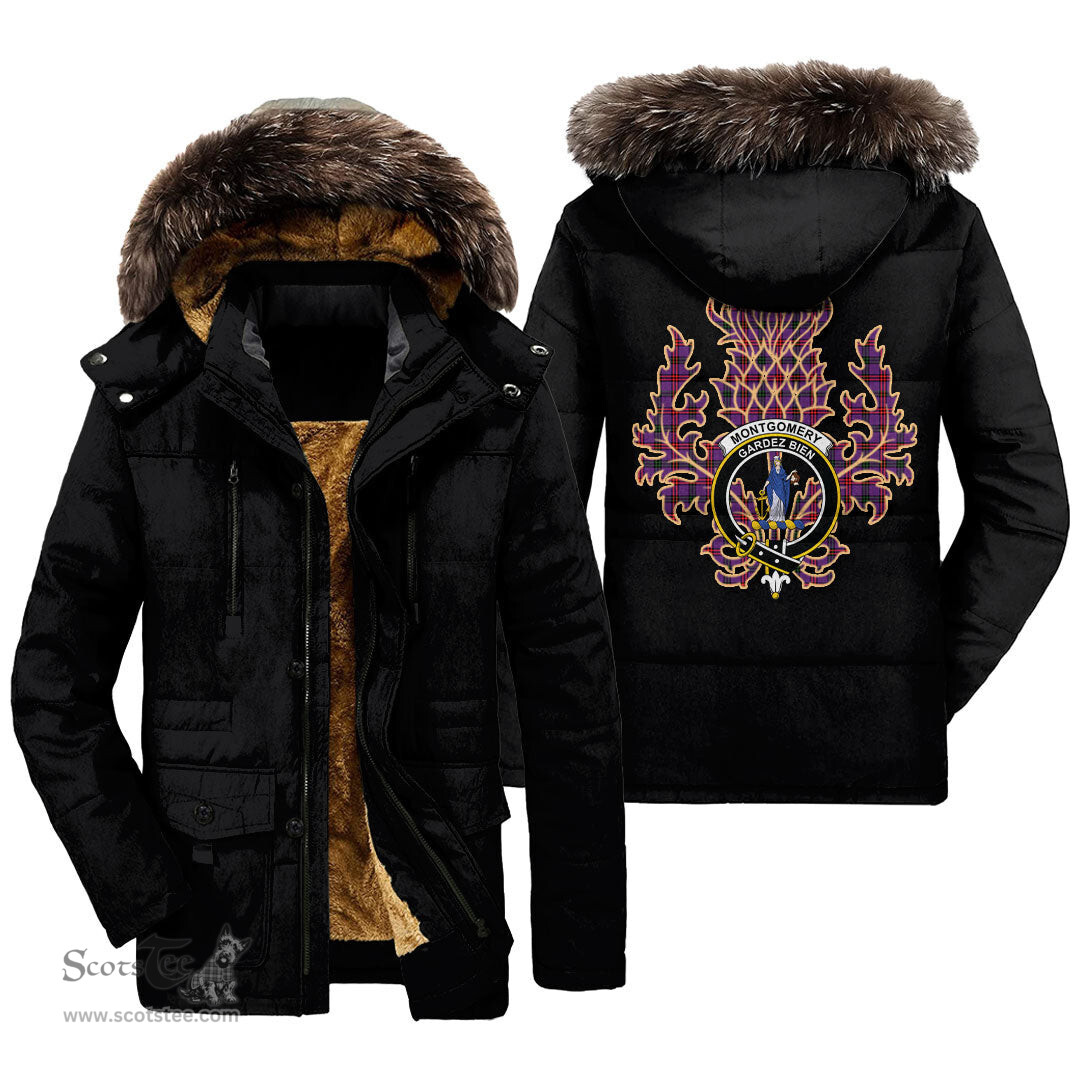 ScotsTee Shop Scottish Montgomery Modern Clan Crest Scottish Thistle Tartan Faux Fur Hooded Parka Jacket