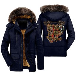 ScotsTee Shop Scottish Buchanan Old Set Weathered Clan Crest Scottish Legend Lion Tartan Faux Fur Hooded Parka Jacket