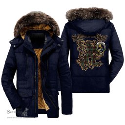 ScotsTee Shop Scottish Buchan Ancient Clan Crest Scottish Legend Lion Tartan Faux Fur Hooded Parka Jacket