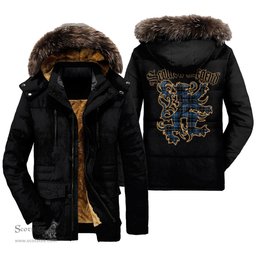 ScotsTee Shop Scottish Clergy Blue Clan Scottish Legend Lion Tartan Faux Fur Hooded Parka Jacket