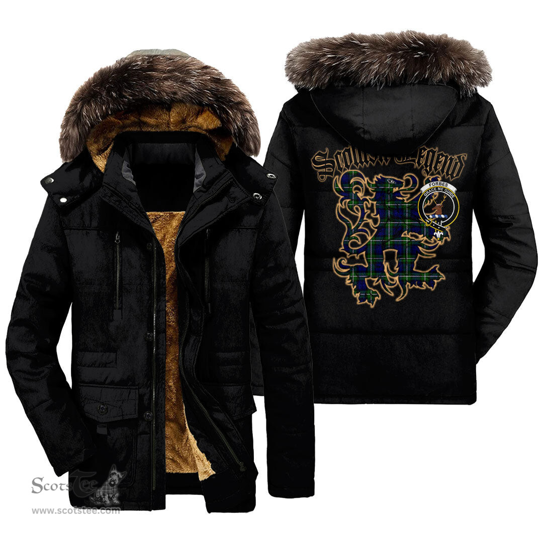 ScotsTee Shop Scottish Forbes Modern Clan Crest Scottish Legend Lion Tartan Faux Fur Hooded Parka Jacket