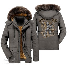 ScotsTee Shop Scottish Douglas Grey Modern Clan Scottish Legend Lion Tartan Faux Fur Hooded Parka Jacket