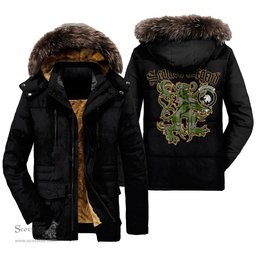 ScotsTee Shop Scottish Cunningham Dress Green Dancers Clan Crest Scottish Legend Lion Tartan Faux Fur Hooded Parka Jacket