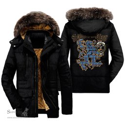 ScotsTee Shop Scottish Elliot Ancient Clan Crest Scottish Legend Lion Tartan Faux Fur Hooded Parka Jacket