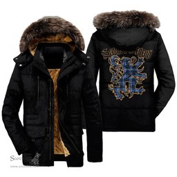 ScotsTee Shop Scottish MacKay Blue Clan Scottish Legend Lion Tartan Faux Fur Hooded Parka Jacket