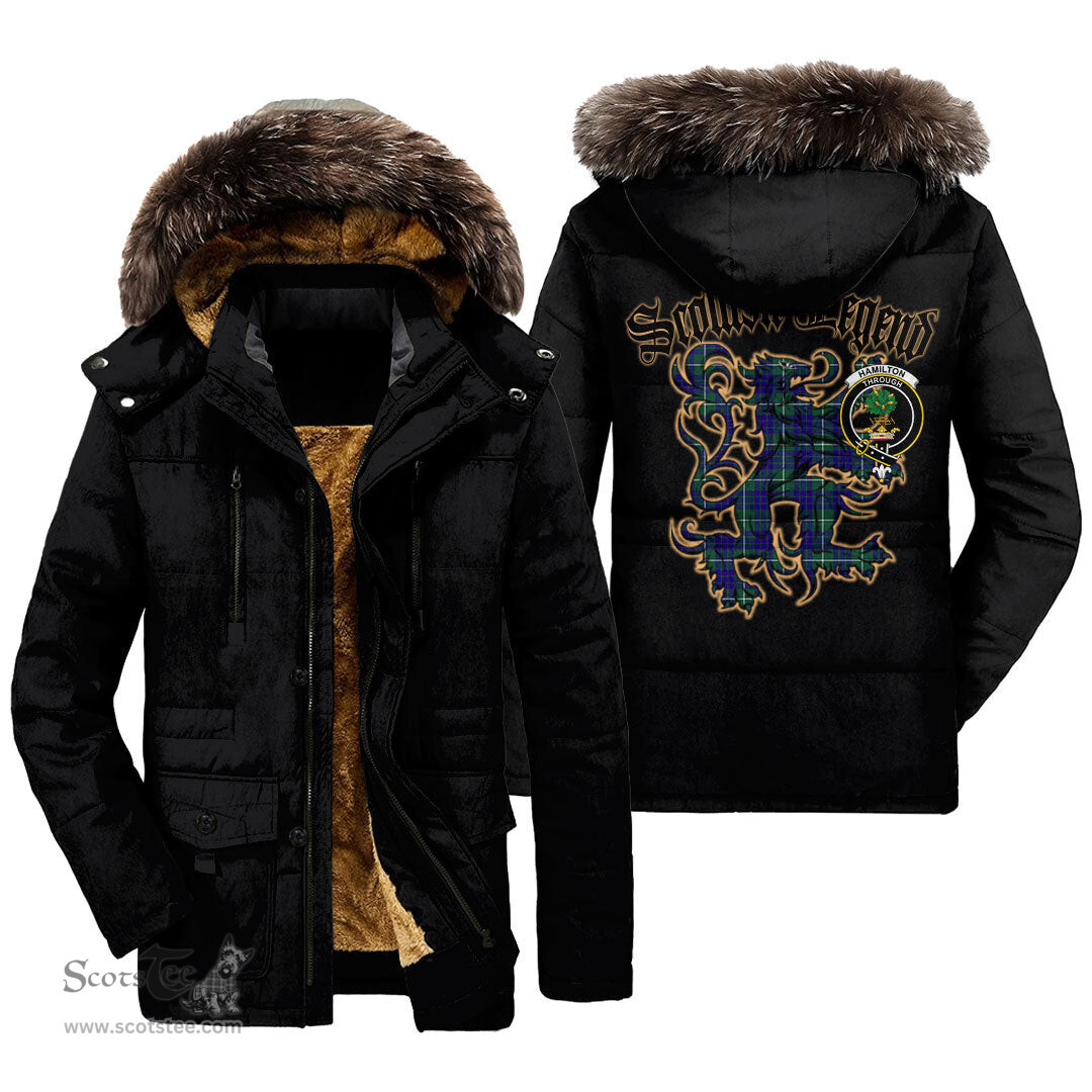 ScotsTee Shop Scottish Hamilton Hunting Modern Clan Crest Scottish Legend Lion Tartan Faux Fur Hooded Parka Jacket