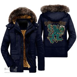 ScotsTee Shop Scottish Irvine Ancient Clan Crest Scottish Legend Lion Tartan Faux Fur Hooded Parka Jacket