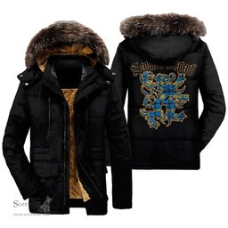 ScotsTee Shop Scottish Laing Clan Scottish Legend Lion Tartan Faux Fur Hooded Parka Jacket