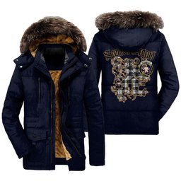 ScotsTee Shop Scottish MacFarlane Black White Ancient Clan Crest Scottish Legend Lion Tartan Faux Fur Hooded Parka Jacket