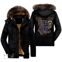ScotsTee Shop Scottish Kinnaird Clan Crest Scottish Legend Lion Tartan Faux Fur Hooded Parka Jacket