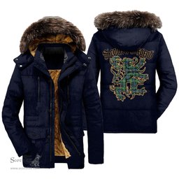 ScotsTee Shop Scottish MacThomas Ancient Clan Scottish Legend Lion Tartan Faux Fur Hooded Parka Jacket
