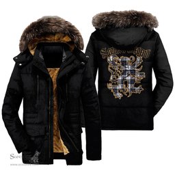 ScotsTee Shop Scottish MacRae Dress Modern Clan Scottish Legend Lion Tartan Faux Fur Hooded Parka Jacket