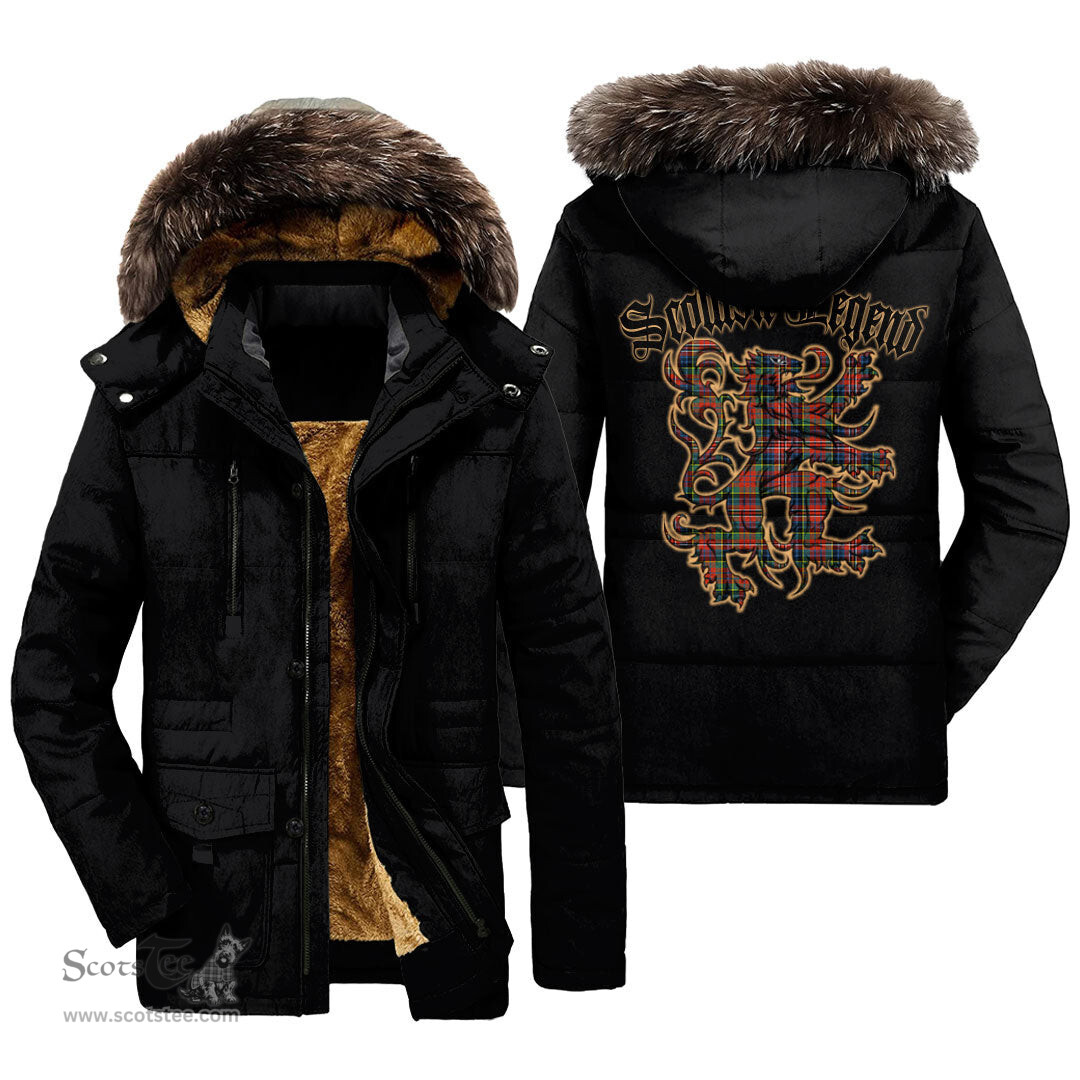 ScotsTee Shop Scottish MacPherson Ancient Clan Scottish Legend Lion Tartan Faux Fur Hooded Parka Jacket