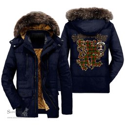 ScotsTee Shop Scottish Menzies Green Modern Clan Crest Scottish Legend Lion Tartan Faux Fur Hooded Parka Jacket