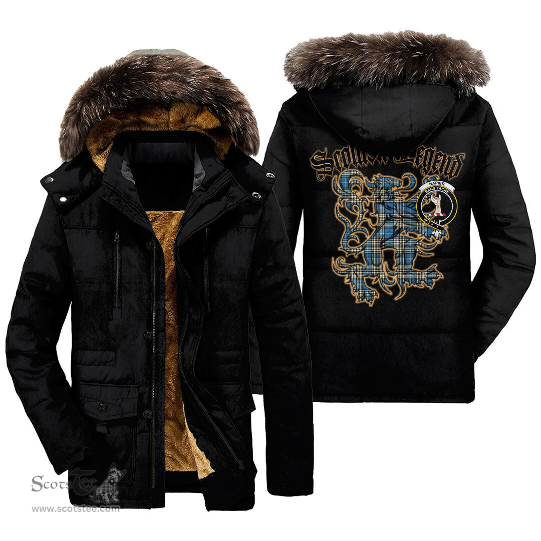 ScotsTee Shop Scottish Napier Ancient Clan Crest Scottish Legend Lion Tartan Faux Fur Hooded Parka Jacket