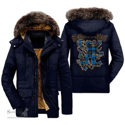 ScotsTee Shop Scottish Ramsay Blue Ancient Clan Scottish Legend Lion Tartan Faux Fur Hooded Parka Jacket