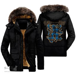 ScotsTee Shop Scottish Ramsay Blue Ancient Clan Scottish Legend Lion Tartan Faux Fur Hooded Parka Jacket