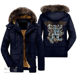 ScotsTee Shop Scottish Stewart Muted Blue Clan Scottish Legend Lion Tartan Faux Fur Hooded Parka Jacket